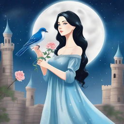 A beautiful woman with black hair and blue eyes is standing in a castle, holding a silver lead-colored rose