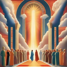 A breathtaking scene of the rapture, with people with bright faces ascending towards a bright, fiery light in the sky, surrounded by clouds and a sense of divine presence