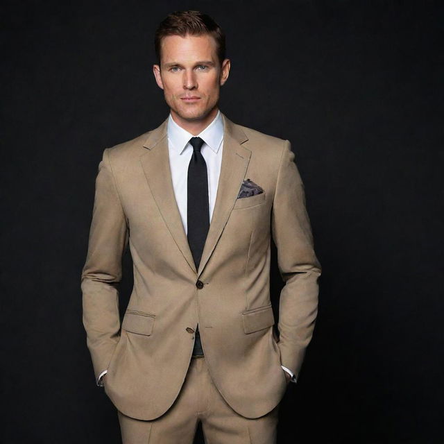 The man, now reimagined wearing a well-fitted and stylish khaki suit, confidently posed against a minimalist, jet-black background