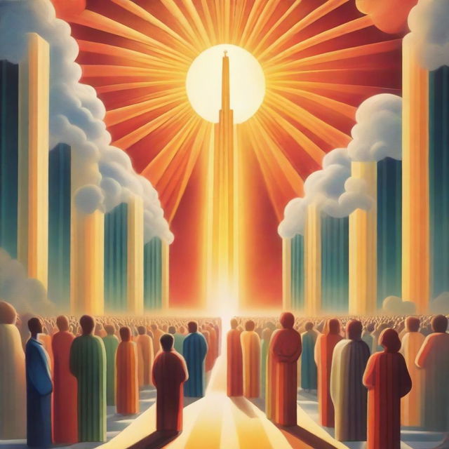 A breathtaking scene of the rapture, with people with bright faces ascending towards a bright, fiery light in the sky, surrounded by clouds and a sense of divine presence