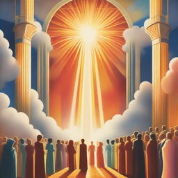 A breathtaking scene of the rapture, with people with bright faces ascending towards a bright, fiery light in the sky, surrounded by clouds and a sense of divine presence