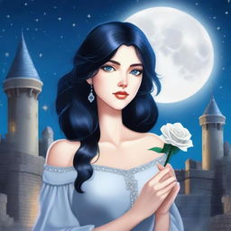 A beautiful woman with black hair and blue eyes is standing in a castle, holding a silver lead-colored rose