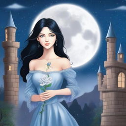 A beautiful woman with black hair and blue eyes is standing in a castle, holding a silver lead-colored rose