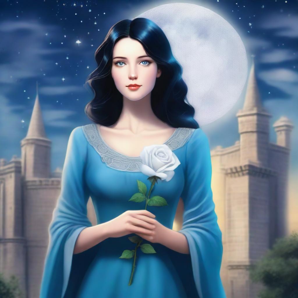 A beautiful woman with black hair and blue eyes is standing in a castle, holding a silver lead-colored rose