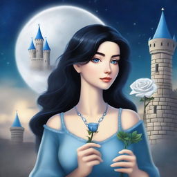 A beautiful woman with black hair and blue eyes is standing in a castle, holding a silver lead-colored rose