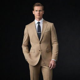 The man, now reimagined wearing a well-fitted and stylish khaki suit, confidently posed against a minimalist, jet-black background