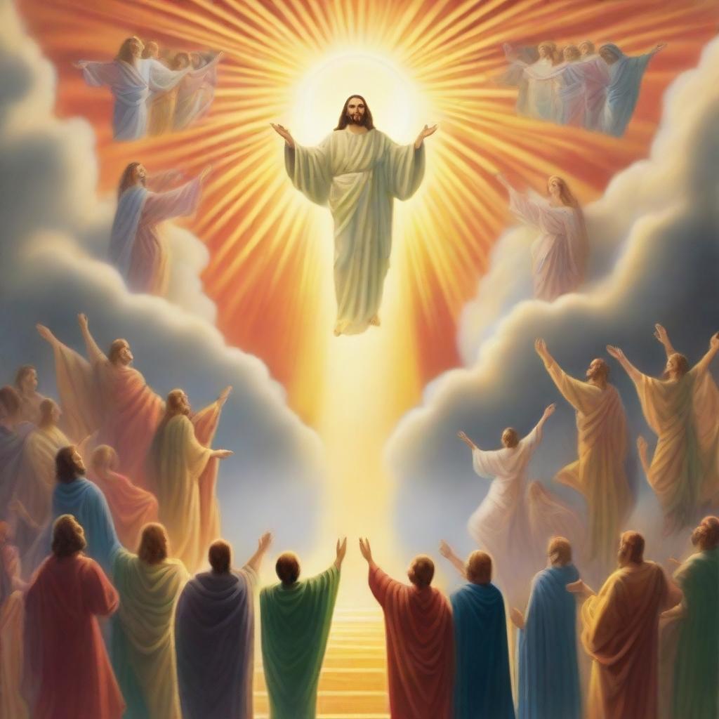 A breathtaking scene of the rapture, with people with bright faces ascending towards a bright, fiery light in the sky, surrounded by clouds and a sense of divine presence