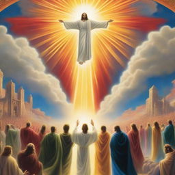 A breathtaking scene of the rapture, with people with bright faces ascending towards a bright, fiery light in the sky, surrounded by clouds and a sense of divine presence