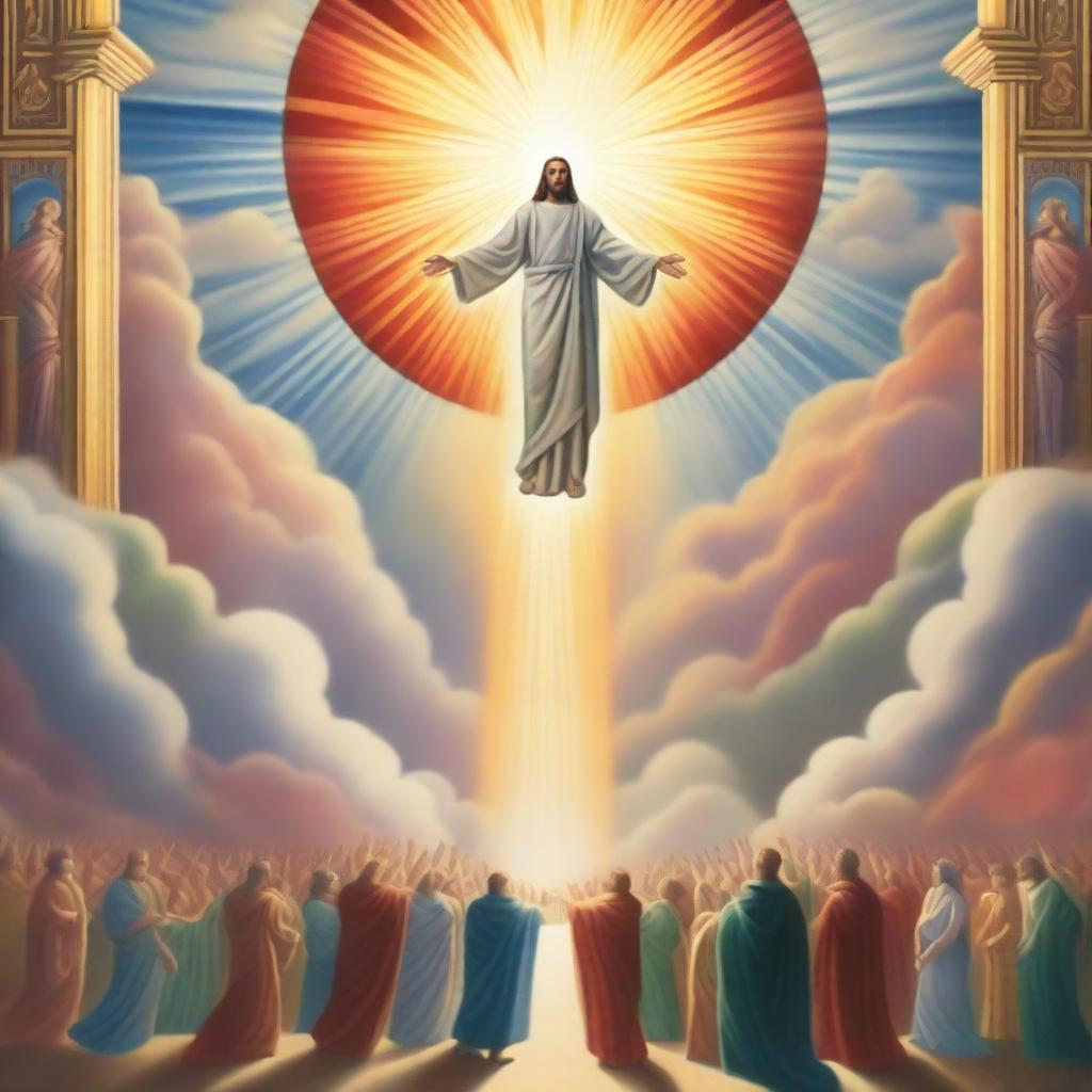 A breathtaking scene of the rapture, with people with bright faces ascending towards a bright, fiery light in the sky, surrounded by clouds and a sense of divine presence