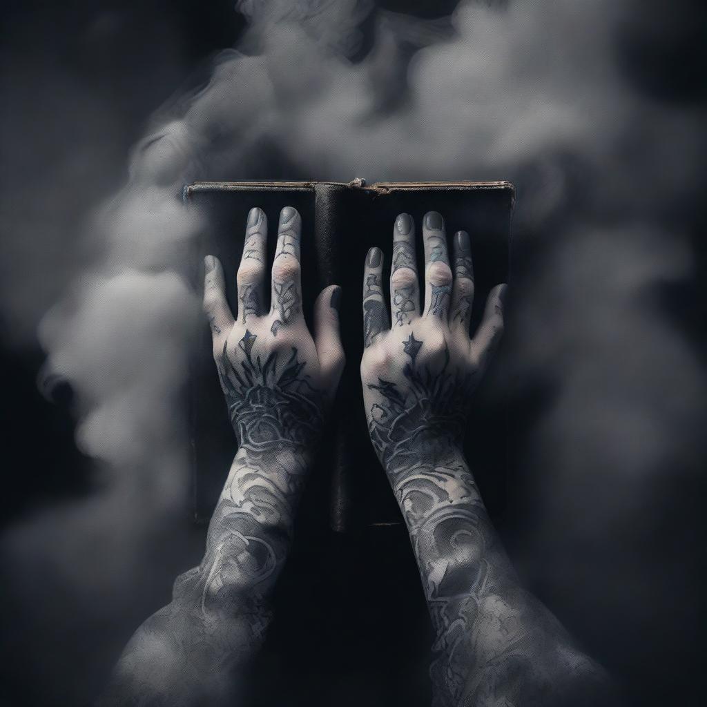 A dark and mysterious book cover featuring tattooed hands holding a bat