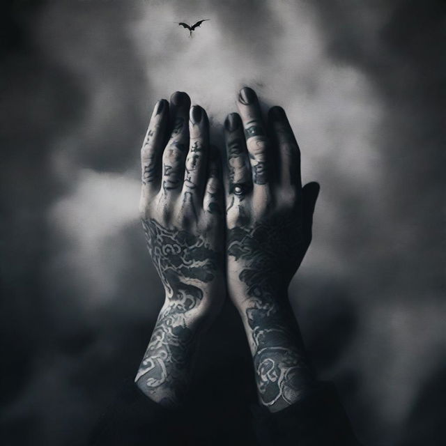 A dark and mysterious book cover featuring tattooed hands holding a bat