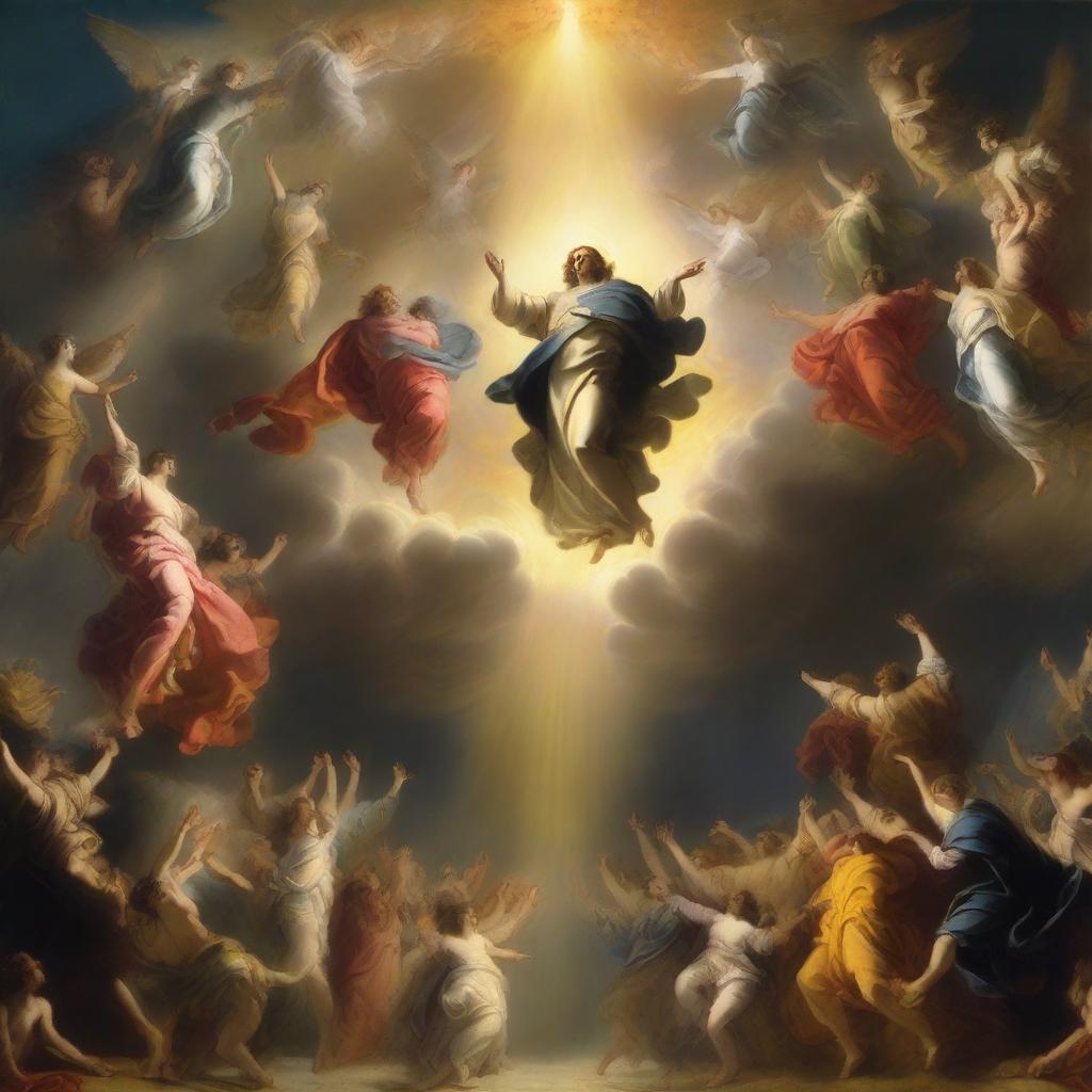 A breathtaking scene of the rapture, with people with bright faces ascending towards a bright, fiery light in the sky, surrounded by clouds and a sense of divine presence