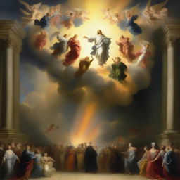 A breathtaking scene of the rapture, with people with bright faces ascending towards a bright, fiery light in the sky, surrounded by clouds and a sense of divine presence