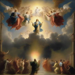 A breathtaking scene of the rapture, with people with bright faces ascending towards a bright, fiery light in the sky, surrounded by clouds and a sense of divine presence