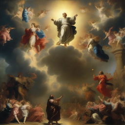 A breathtaking scene of the rapture, with people with bright faces ascending towards a bright, fiery light in the sky, surrounded by clouds and a sense of divine presence