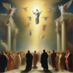 A breathtaking scene of the rapture, with people with bright faces ascending towards a bright, fiery light in the sky, surrounded by clouds and a sense of divine presence