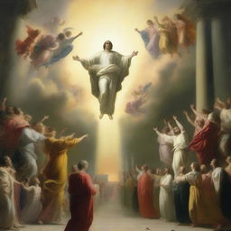 A breathtaking scene of the rapture, with people with bright faces ascending towards a bright, fiery light in the sky, surrounded by clouds and a sense of divine presence