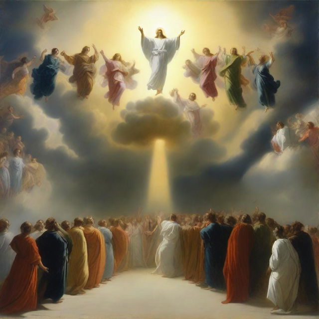 A breathtaking scene of the rapture, with people with bright faces ascending towards a bright, fiery light in the sky, surrounded by clouds and a sense of divine presence