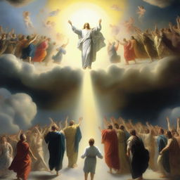 A breathtaking scene of the rapture, with people with bright faces ascending towards a bright, fiery light in the sky, surrounded by clouds and a sense of divine presence