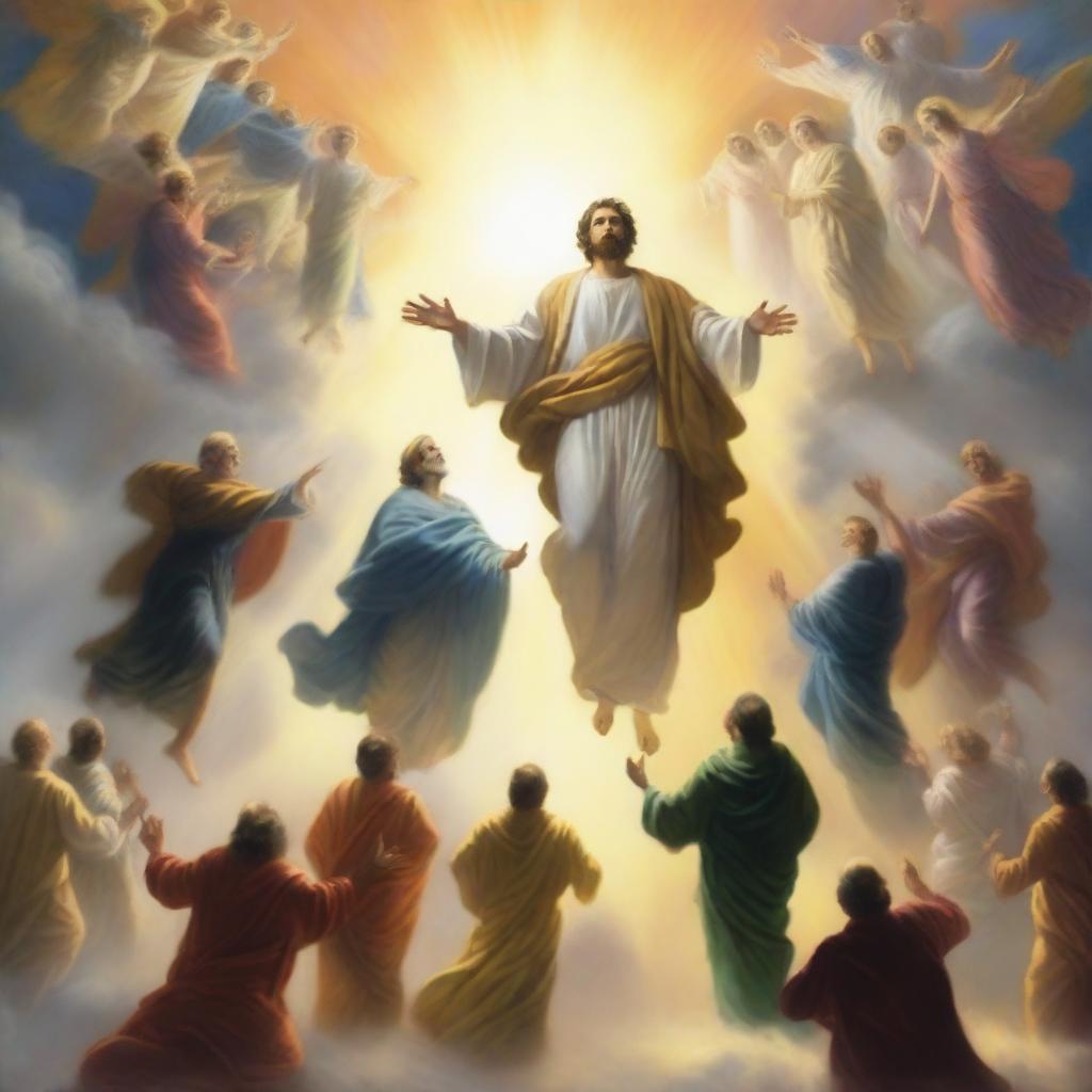 A breathtaking scene of the rapture, with people with bright faces ascending towards a bright, fiery light in the sky, surrounded by clouds and a sense of divine presence