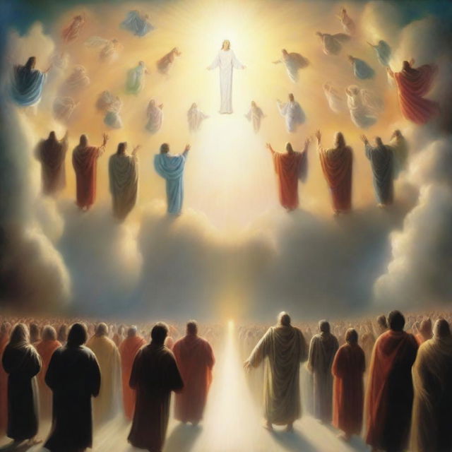 A breathtaking scene of the rapture, with people with bright faces ascending towards a bright, fiery light in the sky, surrounded by clouds and a sense of divine presence