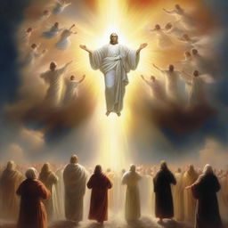 A breathtaking scene of the rapture, with people with bright faces ascending towards a bright, fiery light in the sky, surrounded by clouds and a sense of divine presence