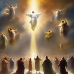 A breathtaking scene of the rapture, with people with bright faces ascending towards a bright, fiery light in the sky, surrounded by clouds and a sense of divine presence