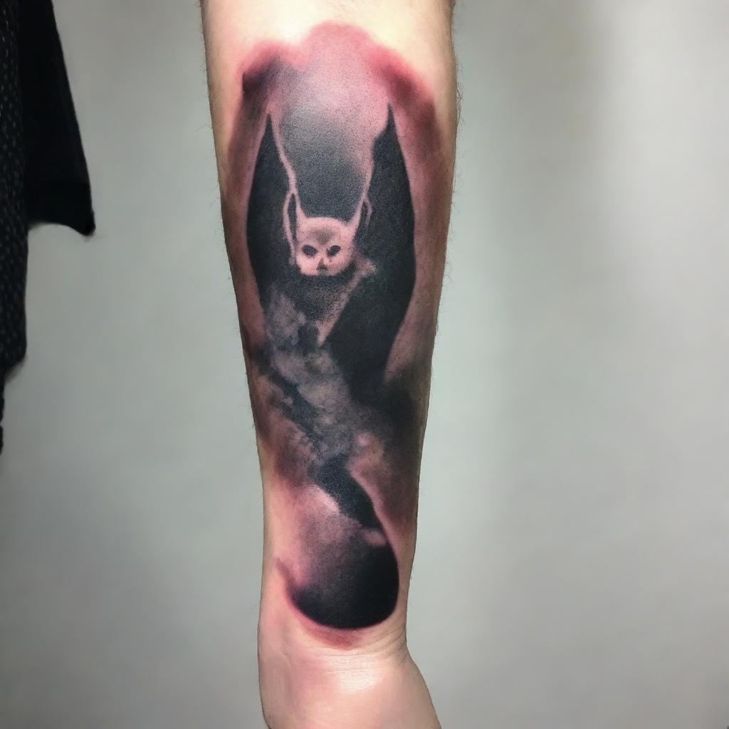 A dark and eerie image featuring a single tattooed hand gripping a bat