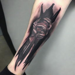 A dark and eerie image featuring a single tattooed hand gripping a bat