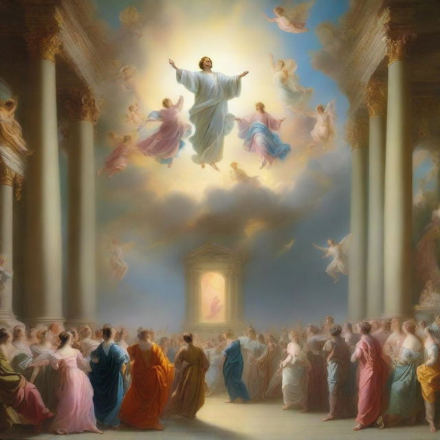 A breathtaking scene of the rapture, with people with bright faces ascending towards a bright, fiery light in the sky, surrounded by clouds and a sense of divine presence