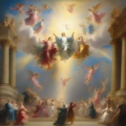 A breathtaking scene of the rapture, with people with bright faces ascending towards a bright, fiery light in the sky, surrounded by clouds and a sense of divine presence