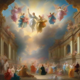 A breathtaking scene of the rapture, with people with bright faces ascending towards a bright, fiery light in the sky, surrounded by clouds and a sense of divine presence