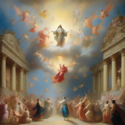 A breathtaking scene of the rapture, with people with bright faces ascending towards a bright, fiery light in the sky, surrounded by clouds and a sense of divine presence