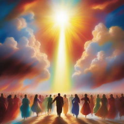 A breathtaking scene of the rapture, with people with bright faces ascending towards a bright, fiery light in the sky, surrounded by clouds and a sense of divine presence