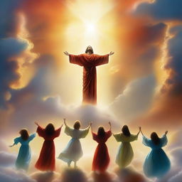 A breathtaking scene of the rapture, with people with bright faces ascending towards a bright, fiery light in the sky, surrounded by clouds and a sense of divine presence