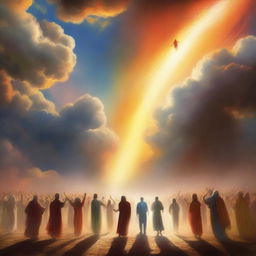 A breathtaking scene of the rapture, with people with bright faces ascending towards a bright, fiery light in the sky, surrounded by clouds and a sense of divine presence