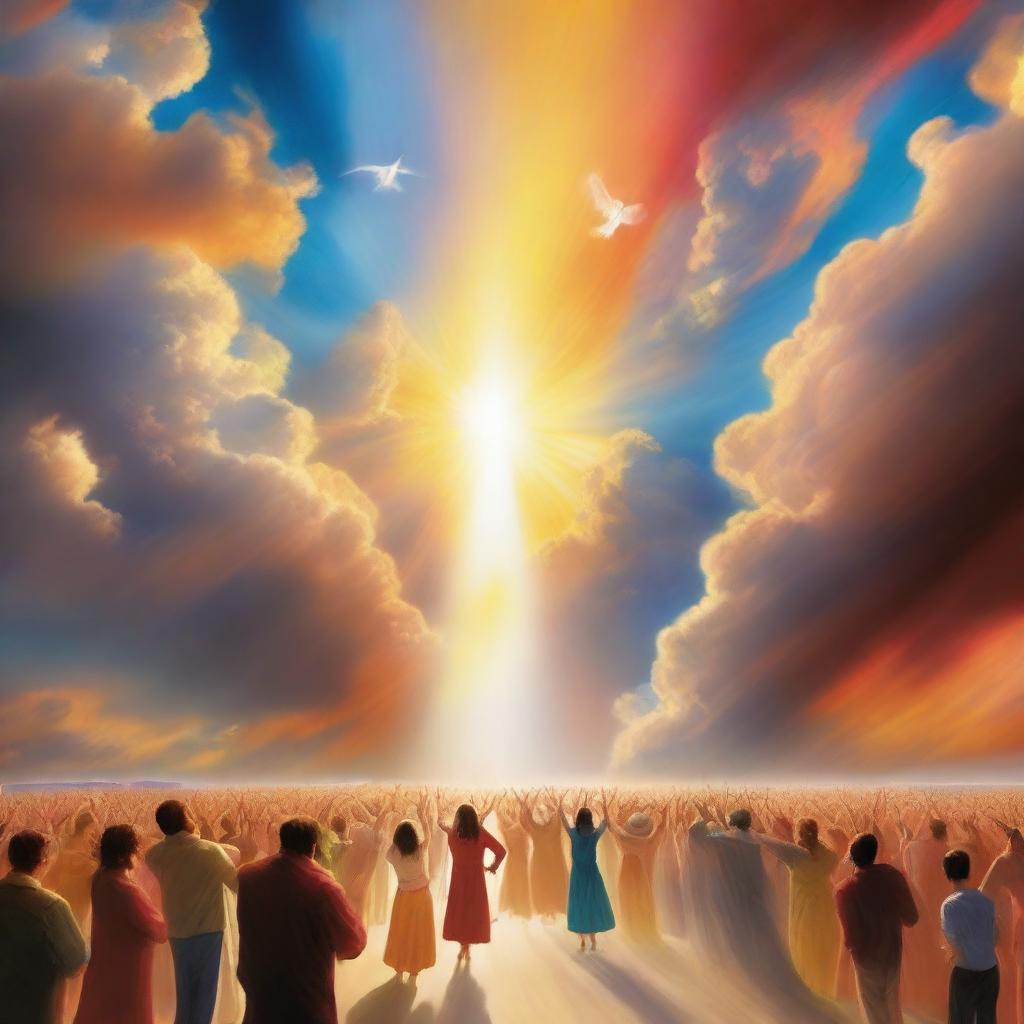 A breathtaking scene of the rapture, with people with bright faces ascending towards a bright, fiery light in the sky, surrounded by clouds and a sense of divine presence