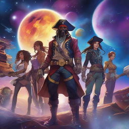 A group of space pirates navigating through the stellar universe in their advanced spaceship