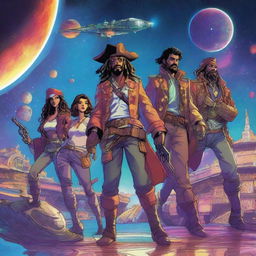 A group of space pirates navigating through the stellar universe in their advanced spaceship