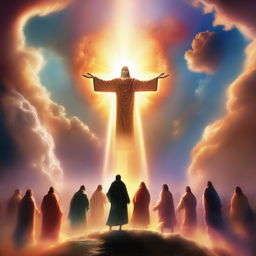 A breathtaking scene of the rapture, with people with bright faces ascending towards a bright, fiery light in the sky, surrounded by clouds and a sense of divine presence