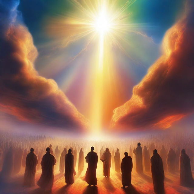 A breathtaking scene of the rapture, with people with bright faces ascending towards a bright, fiery light in the sky, surrounded by clouds and a sense of divine presence