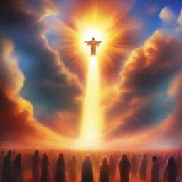 A breathtaking scene of the rapture, with people with bright faces ascending towards a bright, fiery light in the sky, surrounded by clouds and a sense of divine presence