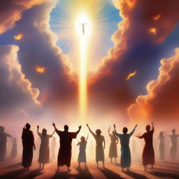 A breathtaking scene of the rapture, with people with bright faces ascending towards a bright, fiery light in the sky, surrounded by clouds and a sense of divine presence