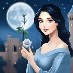 A beautiful woman with black hair and blue eyes is standing in a castle, holding a silver-gray rose