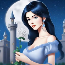 A beautiful woman with black hair and blue eyes is standing in a castle, holding a silver-gray rose