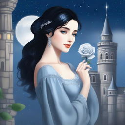 A beautiful woman with black hair and blue eyes is standing in a castle, holding a silver-gray rose