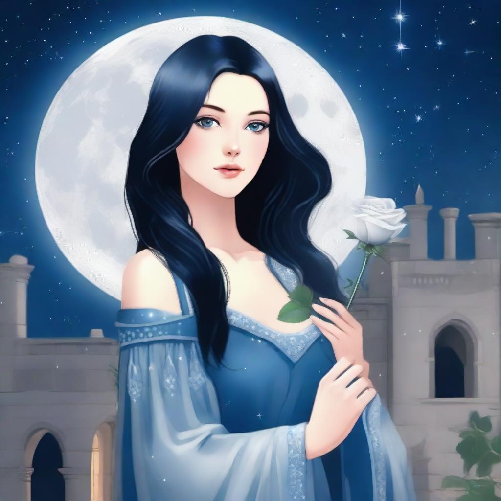 A beautiful woman with black hair and blue eyes is standing in a castle, holding a silver-gray rose