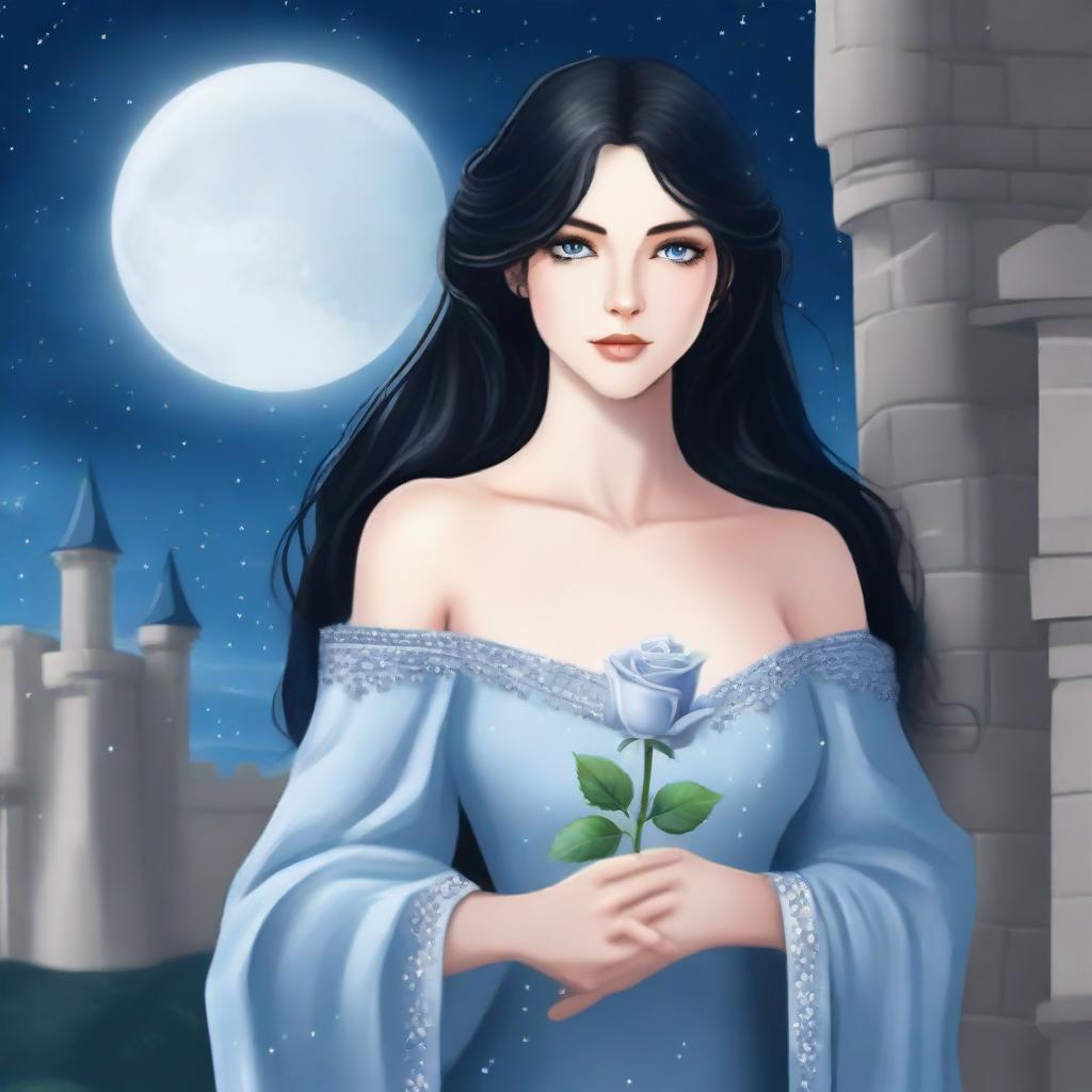 A beautiful woman with black hair and blue eyes is standing in a castle, holding a silver rose