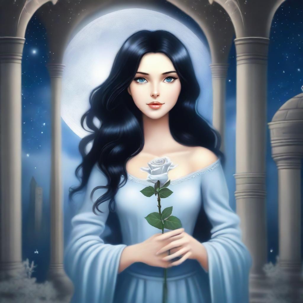 A beautiful woman with black hair and blue eyes is standing in a castle, holding a silver rose