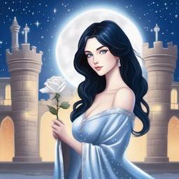 A beautiful woman with black hair and blue eyes is standing in a castle, holding a silver rose